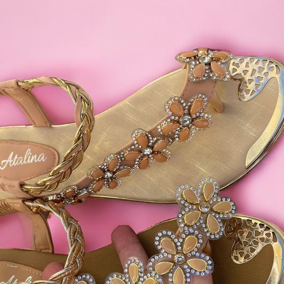 Restocked! Italina Peachy Tan Floral Rhinestone Gold Woven Flat Sandal - Picture 7 of 12